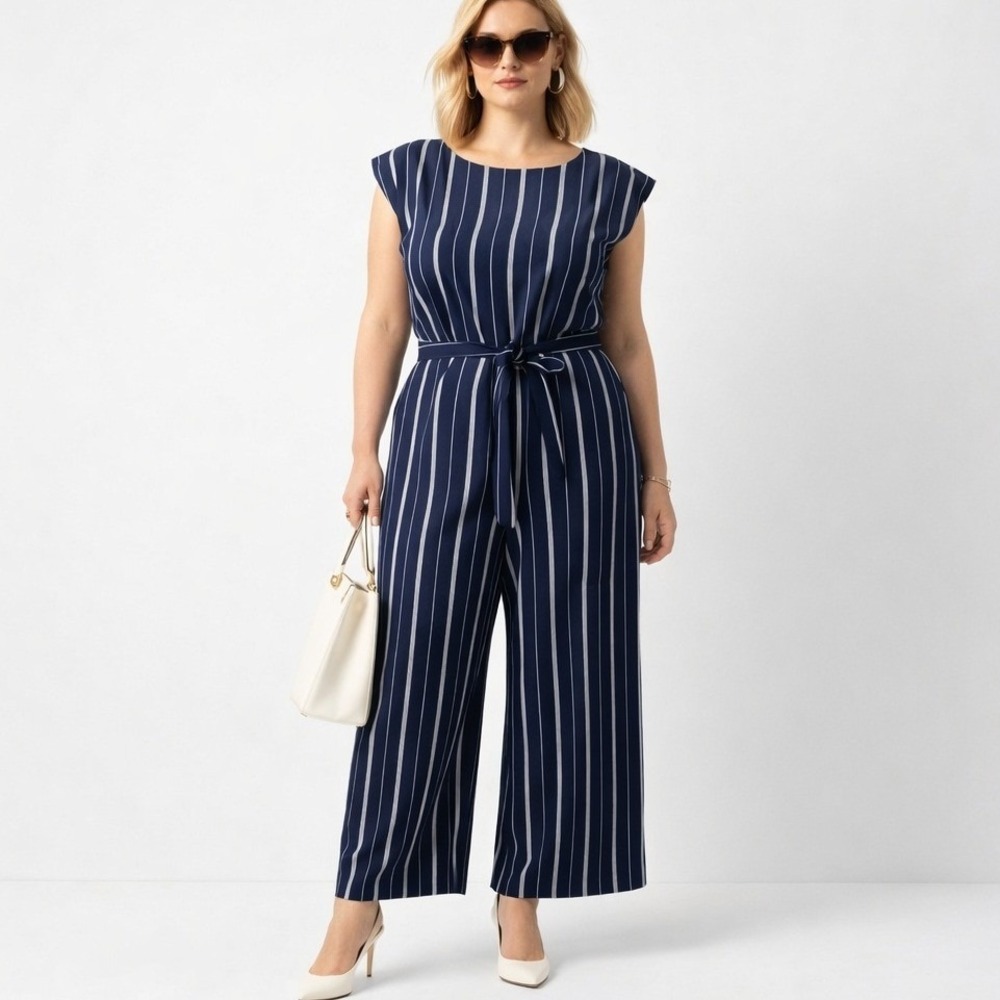 Karl Lagerfeld Paris Striped Jumpsuit Navy‎ White Tie Waist Wide Leg Womens 12